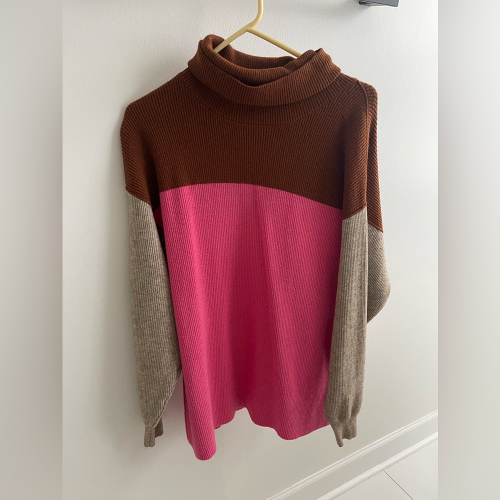 Free People Colorblock Turtleneck Sweater in Brown, Pink & Tan